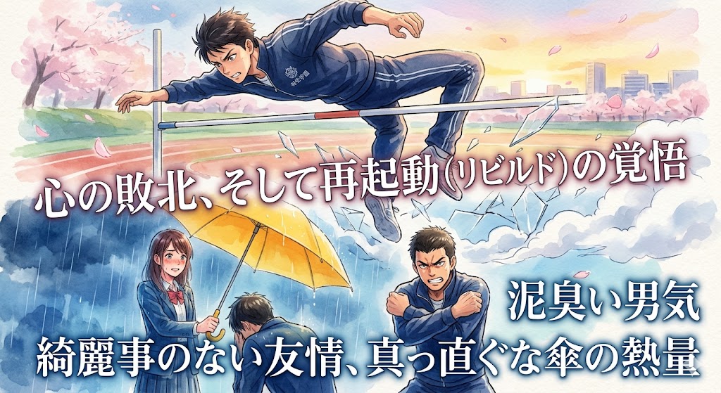 陸上競技の走り高跳びに挑む男子高校生を描いた青春アニメ風イラスト。雨の中で支える仲間や、桜舞う競技場を背景に「心の敗北、そして再起動の覚悟」などの文字が入っている。