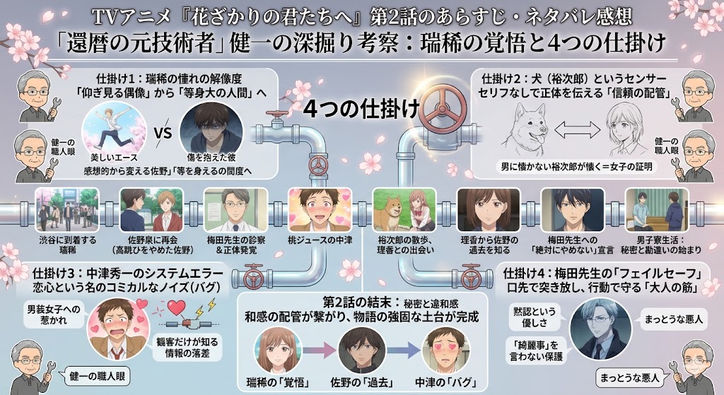 TVアニメ『花ざかりの君たちへ』第2話のあらすじと考察をまとめたインフォグラフィック。「還暦の元技術者」健一の視点から、物語に散りばめられた「4つの仕掛け(配管のメタファー)」や各キャラクター(瑞稀、佐野、中津、梅田先生)の動き、第2話の結末について図解しています。