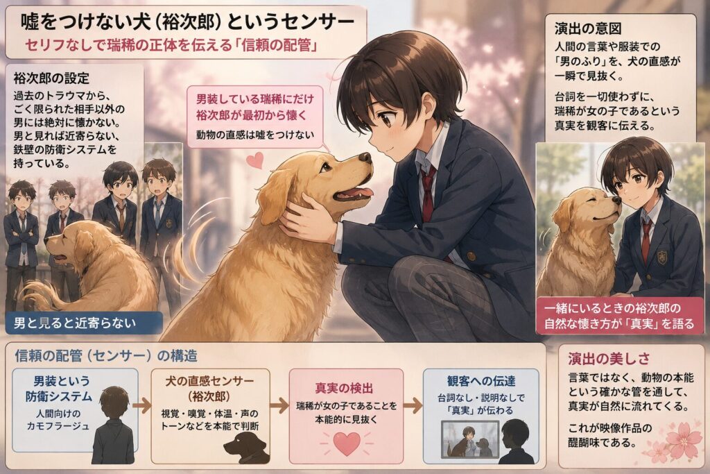 アニメ『花ざかりの君たちへ』に登場する犬の裕次郎の演出意図を解説したインフォグラフィック。男装した主人公・瑞稀にだけ最初から懐く裕次郎の設定や、「信頼の配管(センサー)の構造」として、男装(防衛システム)から犬の直感センサー、真実の検出、観客への伝達へとつながるフローチャートが図解されています。