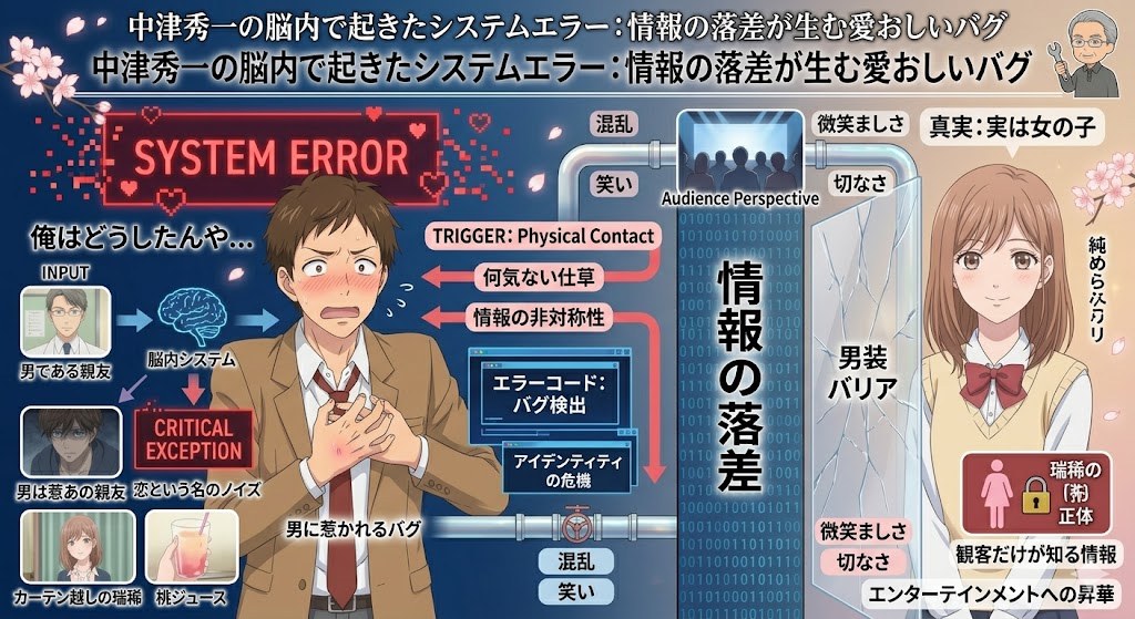 アニメ『花ざかりの君たちへ』のキャラクター・中津秀一の心理状態をエンジニア的な視点で図解したインフォグラフィック。男装した瑞稀への恋心に苦悩する中津の脳内を「SYSTEM ERROR」「バグ検出」として表現し、観客とキャラクターの間の「情報の落差」がコミカルな演出と切なさを生み出す構造を解説しています。