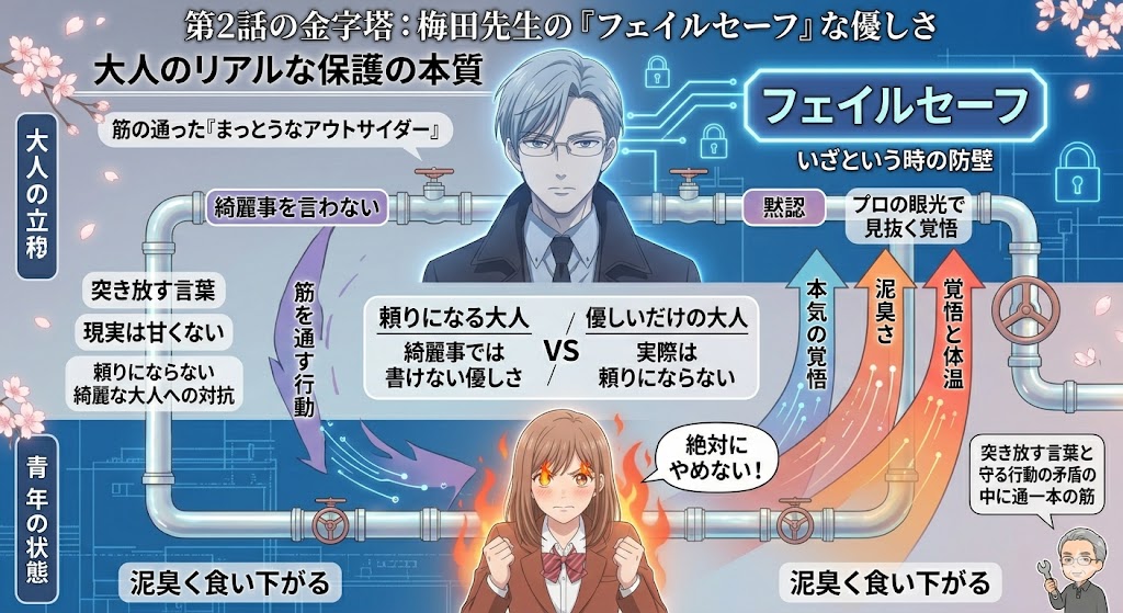 アニメ『花ざかりの君たちへ』に登場する梅田先生の役割を「フェイルセーフ」という技術用語を用いて解説した考察インフォグラフィック。突き放す言葉の裏にある「黙認」という大人の保護の本質や、泥臭く食い下がる主人公・瑞稀の「青年の状態」と、それを受け止める「大人の立場」の構造が図解されています。