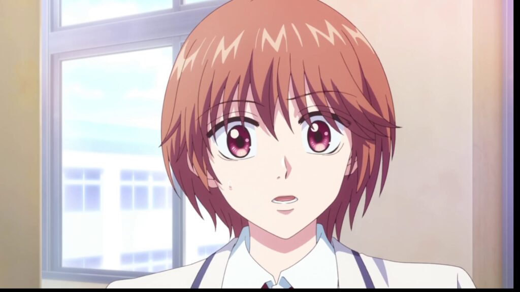 明るい茶髪のショートヘアに赤紫色の大きな瞳をした、制服姿のアニメ風の女の子のクローズアップ。驚いたように目を見開き、口を少し開けている。背景には学校の窓が見える。 Plaintext