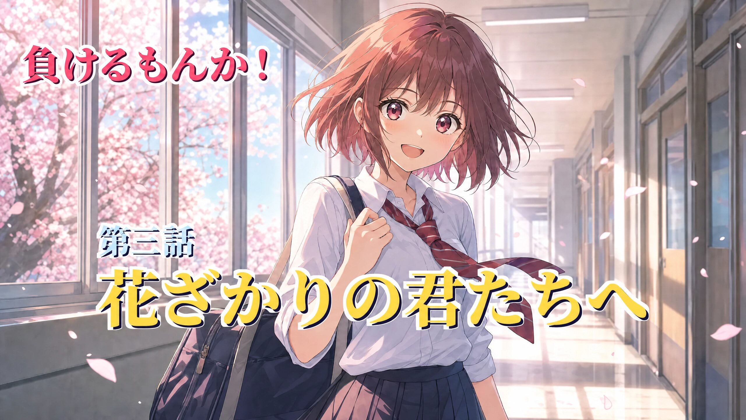 桜が咲く学校の廊下で、制服姿の少女が笑顔で振り返るアニメ風イラスト。「負けるもんか！」という文字と「花ざかりの君たちへ 第三話」のタイトル入り。
