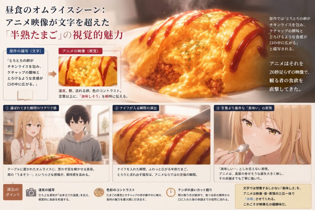 とろとろの半熟卵が広がるオムライスと、その美味しさに心を奪われる少女の表情を交えながら、アニメ映像表現の魅力を解説したインフォグラフィック。