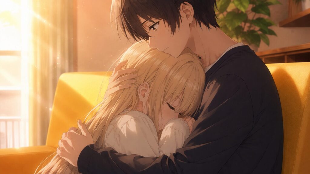 夕暮れの光が差し込む部屋で、少年が涙を流す少女を優しく抱きしめ、安心させるように寄り添うアニメイラスト。