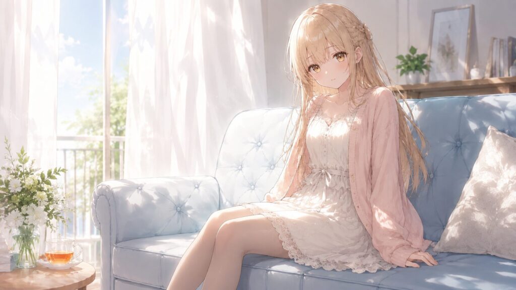 柔らかな朝の光が差し込むリビングで、淡いピンクのカーディガンを羽織った金髪の少女がソファに腰掛けて穏やかに佇むアニメイラスト。
