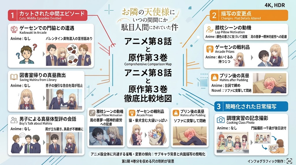 「お隣の天使様にいつの間にか駄目人間にされていた件」のアニメ第8話と原作第3巻の違いを比較したインフォグラフィック。