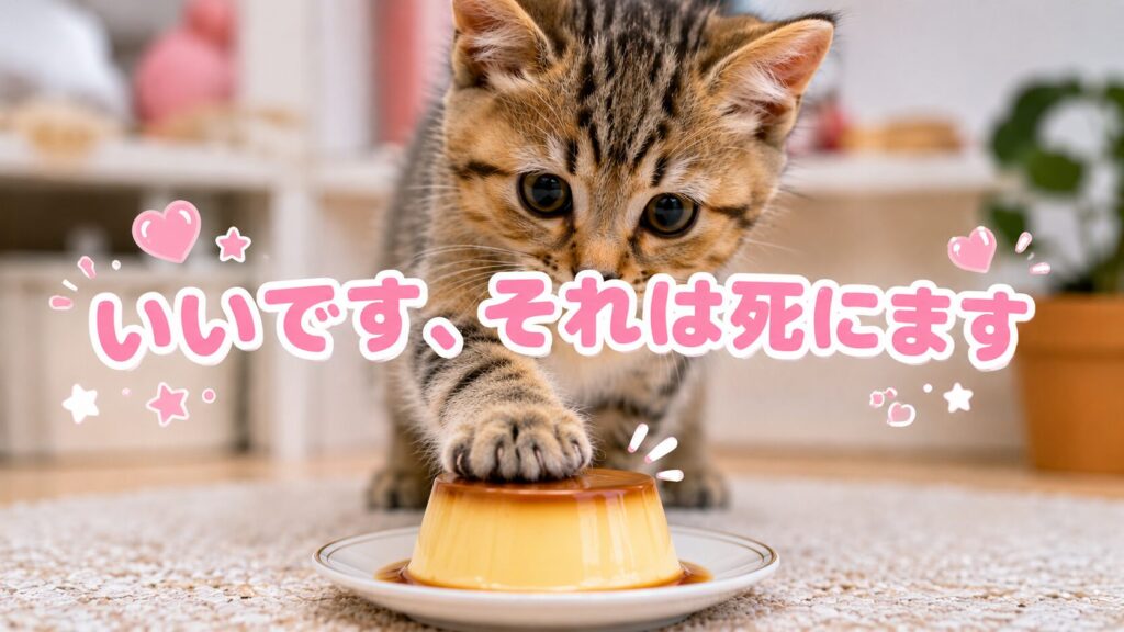プリンに前足を乗せる子猫と「いいです、それは死にます」という注意喚起の文字が入ったサムネイル画像。