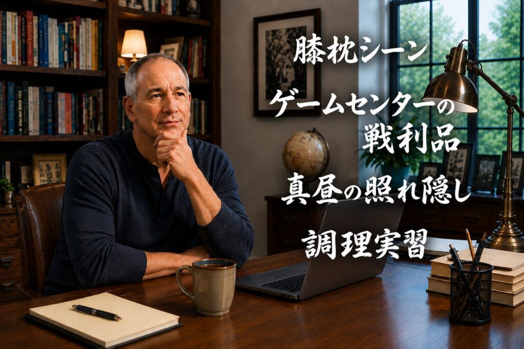 書斎で考え込む男性の背景に「膝枕シーン」「ゲームセンターの戦利品」「真昼の照れ隠し」「調理実習」と表示され、アニメ第8話で描かれた印象的なシーンを紹介するサムネイル画像。