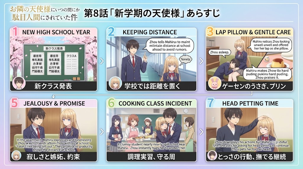 『お隣の天使様にいつの間にか駄目人間にされていた件』第8話「新学期の天使様」のあらすじを7つの場面でまとめたインフォグラフィック。