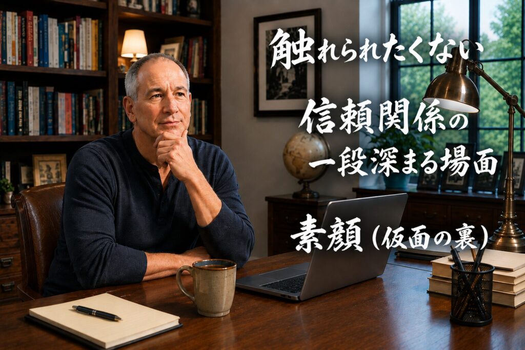 書斎で考え込む男性と「触れられたくない 信頼関係の一段深まる場面 素顔(仮面の裏)」という文字が配置されたサムネイル画像。