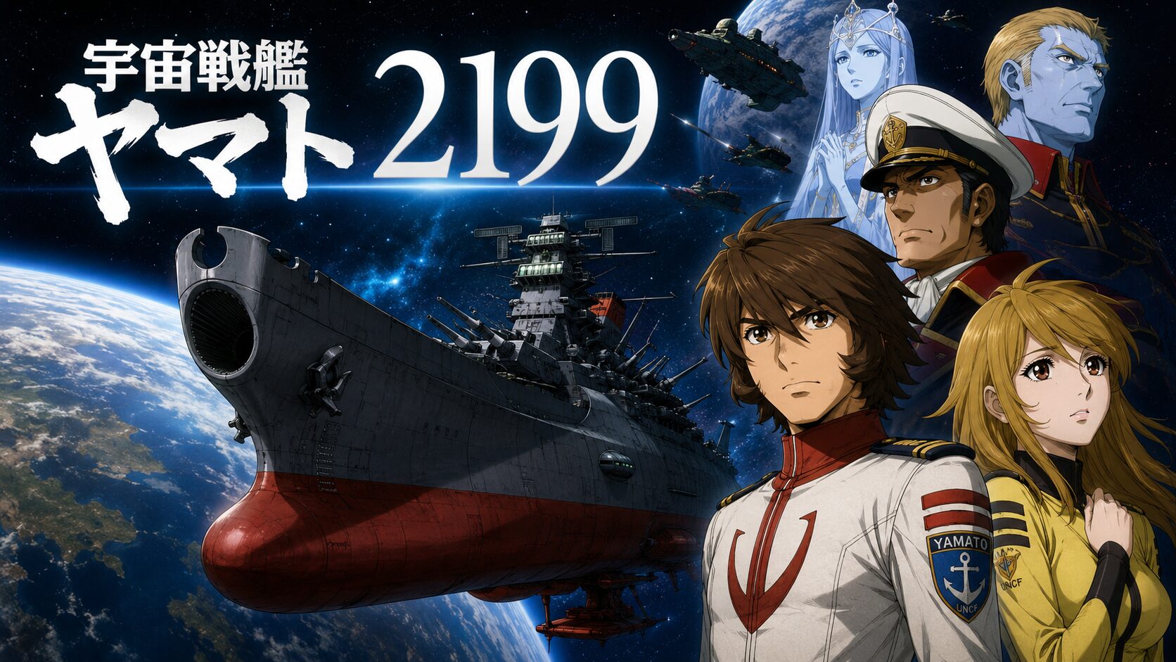アニメ『宇宙戦艦ヤマト2199』のキービジュアル。宇宙空間を航行する宇宙戦艦ヤマトと主要キャラクターたちが描かれ、地球と艦隊が背景に広がる。