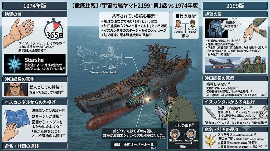 『宇宙戦艦ヤマト2199』第1話と1974年版『宇宙戦艦ヤマト』を比較したインフォグラフィック。絶望の質、沖田艦長の描写、イスカンダルからのメッセージ、計画の変遷などの違いを、中央のヤマト艦イラストとともに解説している。