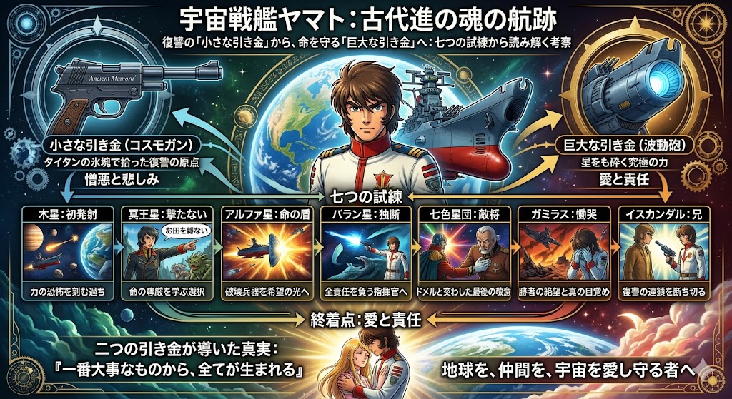 宇宙戦艦ヤマトの物語をもとに、復讐から愛と責任への成長を描いたインフォグラフィック。主人公とヤマトを中心に、七つの試練や象徴的な場面が図解されている。