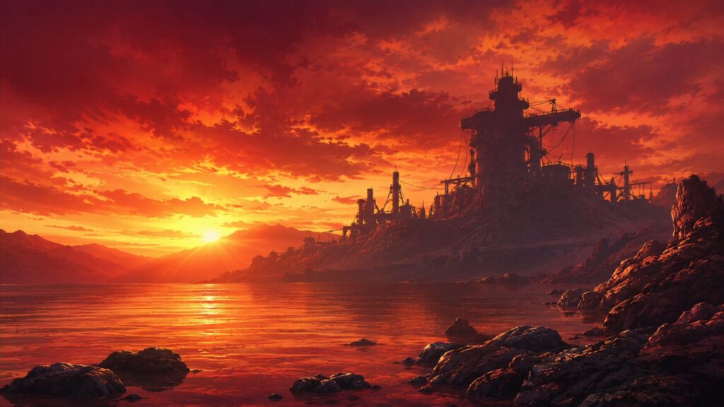 真紅の夕焼けに包まれた海辺の工業都市を描いたSF風景イラスト。岩場の海岸と巨大な工業施設がシルエットとなり、水面に夕陽が反射している。