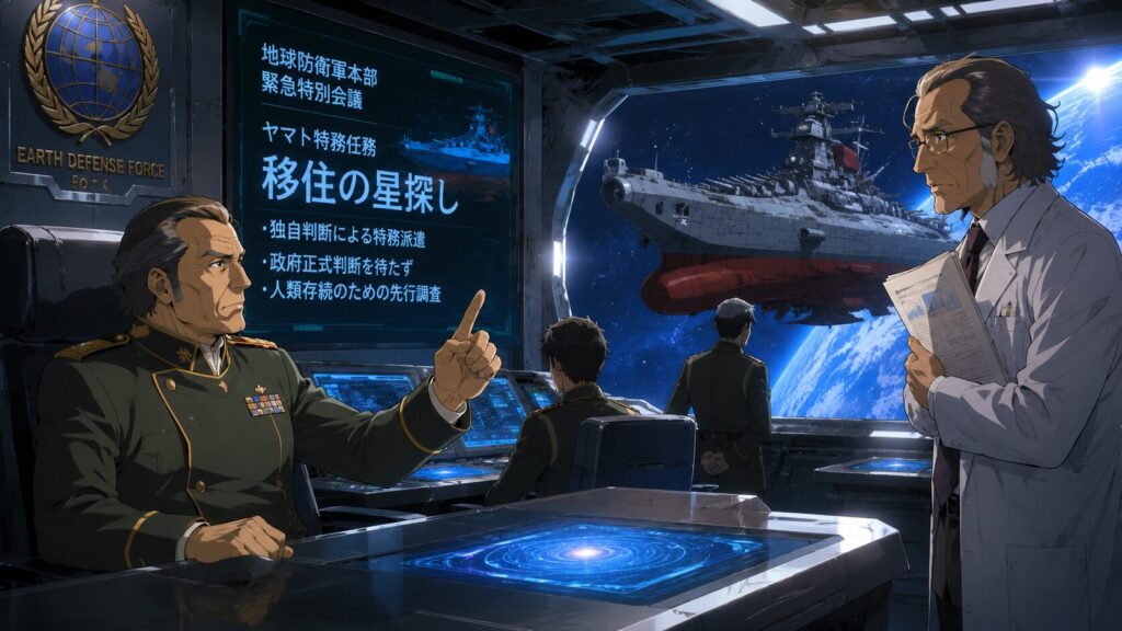 地球防衛軍本部の会議室で、軍高官と科学者が人類移住計画について議論するSFイラスト。大型モニターには「移住の星探し」の文字が表示され、窓の外には宇宙戦艦と地球が見える。
