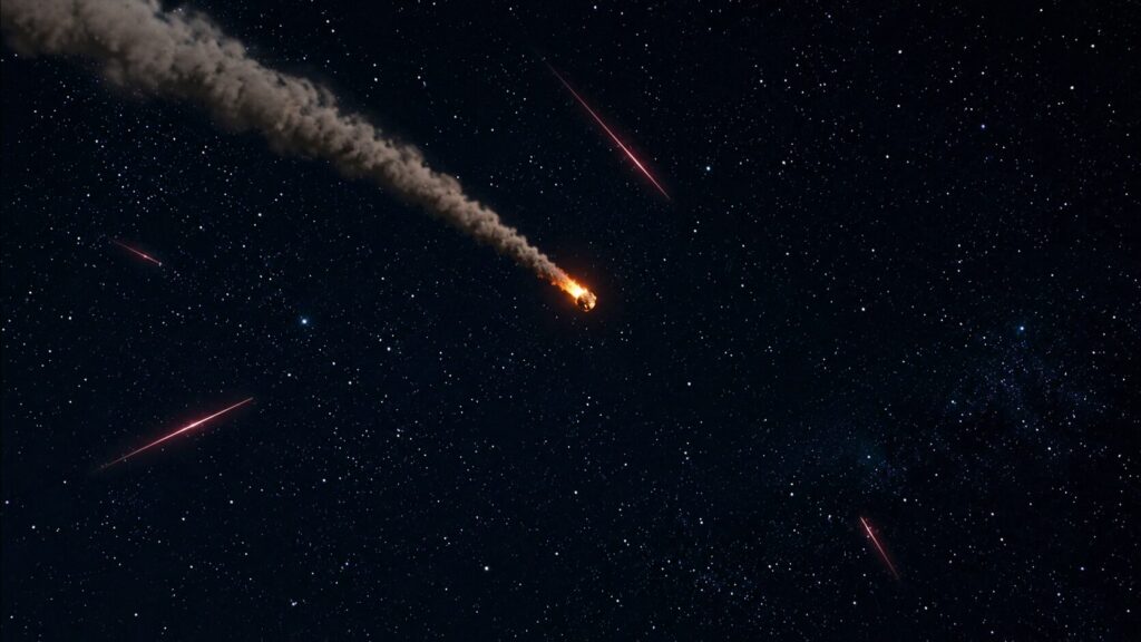満天の星空を背景に、燃えながら飛行する火球と長い煙の尾を描いた宇宙風景。周囲には複数の流星が光の筋を残しながら飛び交い、壮大な宇宙空間の広がりを感じさせる。