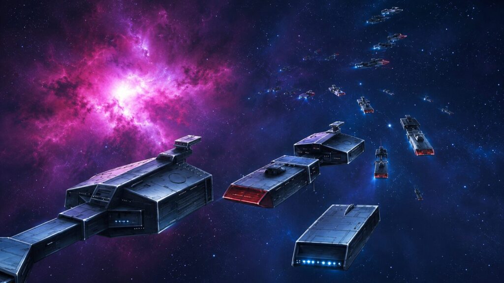 紫色の星雲が広がる宇宙空間を背景に、多数の大型宇宙船が隊列を組んで航行するSFイラスト。青い推進光を放ちながら銀河の彼方へ向かう壮大な船団が描かれている。