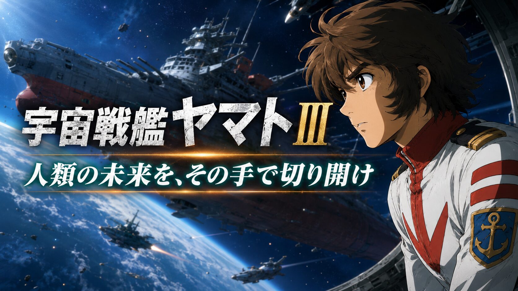 宇宙空間を航行する宇宙戦艦ヤマトと主人公の横顔を描いたアニメビジュアル。背景には地球や艦隊が広がり、「宇宙戦艦ヤマトIII 人類の未来を、その手で切り開け」というキャッチコピーが配置されている。