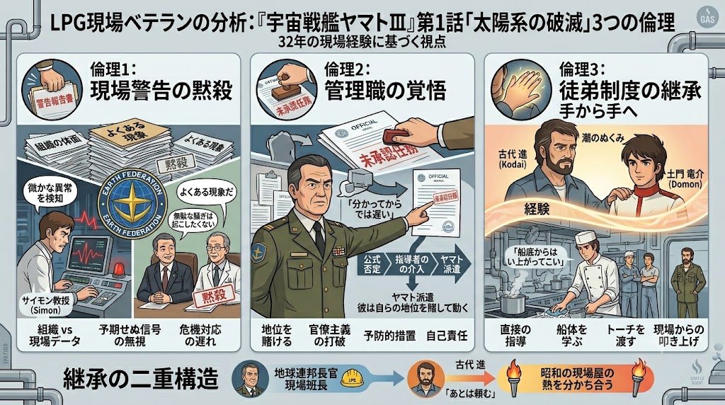 LPG現場で32年の経験を持つ技術者の視点から、『宇宙戦艦ヤマトⅢ』第1話を分析したインフォグラフィック。現場警告の黙殺、管理職の覚悟、徒弟制度による技術継承の3つの倫理を図解している。