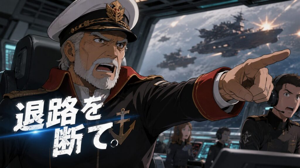 宇宙戦艦ヤマトの艦橋で、白髭の艦長が前方を指差しながら力強く指示を出している。窓の外には複数の戦艦が展開し、戦闘が続く宇宙空間が広がる。画面には「退路を断て。」の文字が大きく表示されている。
