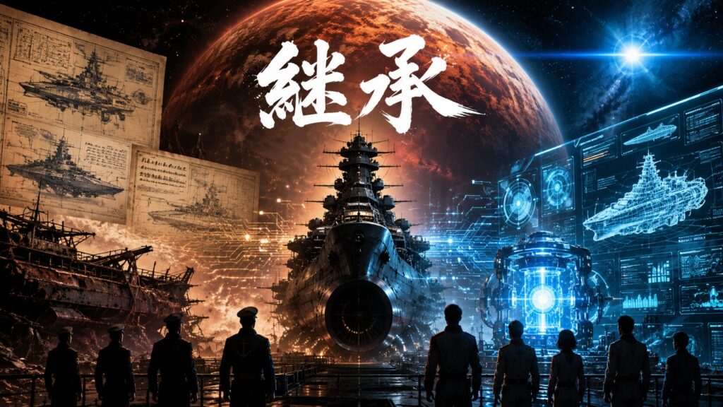 巨大な惑星を背景に建造中の宇宙戦艦ヤマトが中央に描かれ、左右には設計図や未来的なホログラム表示が並ぶ。艦の前には旧世代と新世代を象徴する人々が立ち、上部には「継承」の文字が配置されたSFアート。