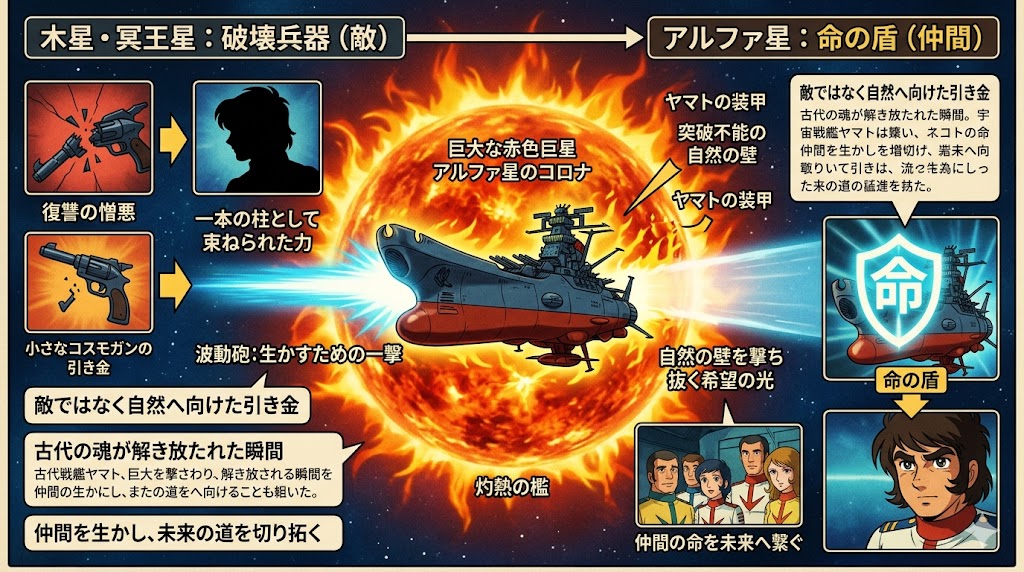 宇宙戦艦ヤマトが巨大な赤色恒星アルファ星のコロナを突破する場面を中心に、復讐から仲間を守る使命へと変化する精神的成長を解説したインフォグラフィック。