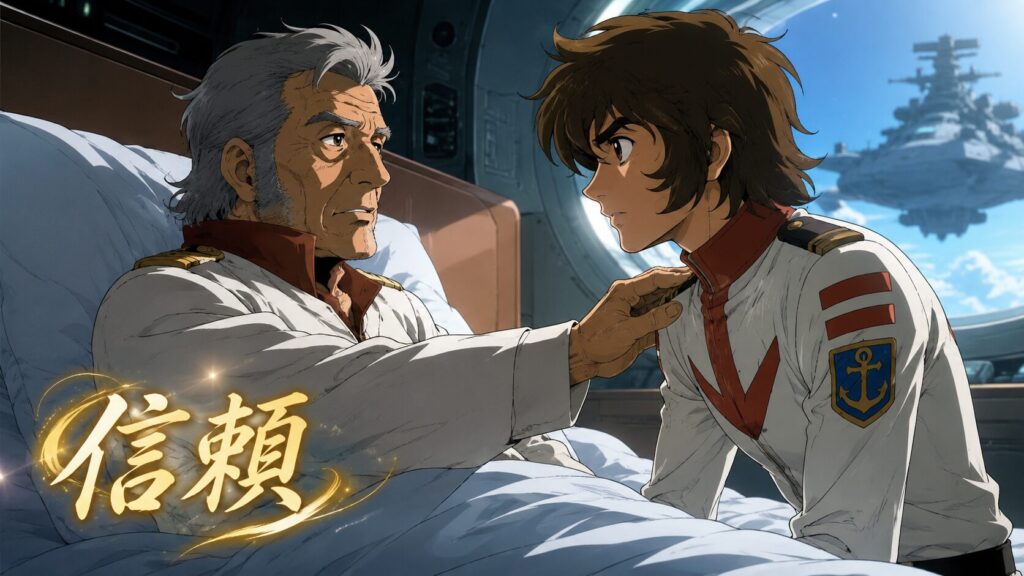 病床の沖田艦長が古代進の肩に手を置き、未来を託すように語りかける感動的な場面。窓の外には宇宙戦艦ヤマトが浮かび、「信頼」の文字が輝いている。
