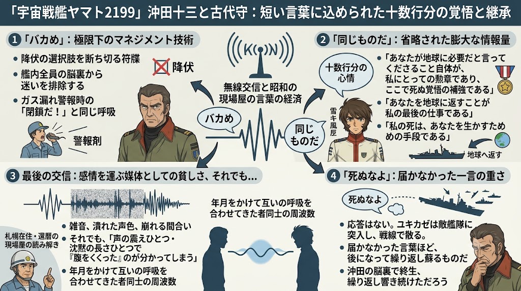 『宇宙戦艦ヤマト2199』の沖田十三と古代守の通信シーンを分析したインフォグラフィック。無線通信の短い言葉に込められた覚悟や継承、最後の通信に残された感情の重みを図解で解説している。