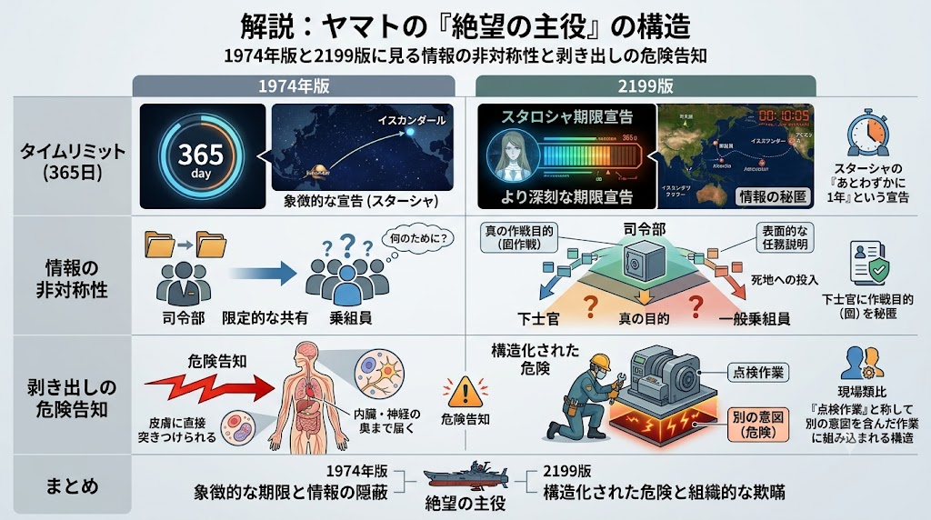 『宇宙戦艦ヤマト』の「絶望の主役」をテーマに、1974年版と2199版を比較した解説図。タイムリミット、情報の非対称性、危険告知の違いを図解し、2199版では組織構造や情報管理の問題が強調されていることを示している。