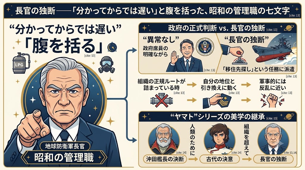 『宇宙戦艦ヤマトⅢ』を題材に、管理職の決断力と責任感を解説したインフォグラフィック。政府の公式判断と長官の独断を対比し、「分かってからでは遅い」という危機管理の哲学を視覚的に表現している。