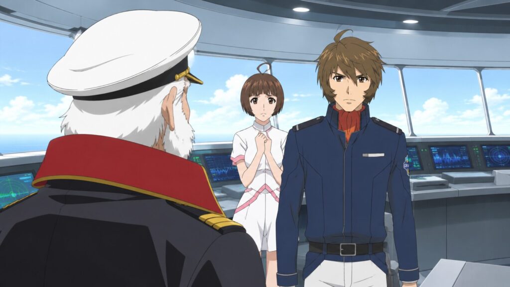 宇宙戦艦ヤマトの艦橋で、沖田艦長と向き合う古代進、その後方に立つ森雪を描いたアニメシーン。艦内のモニターや大きな窓から青空と海が見え、緊張感のある会話の場面となっている。