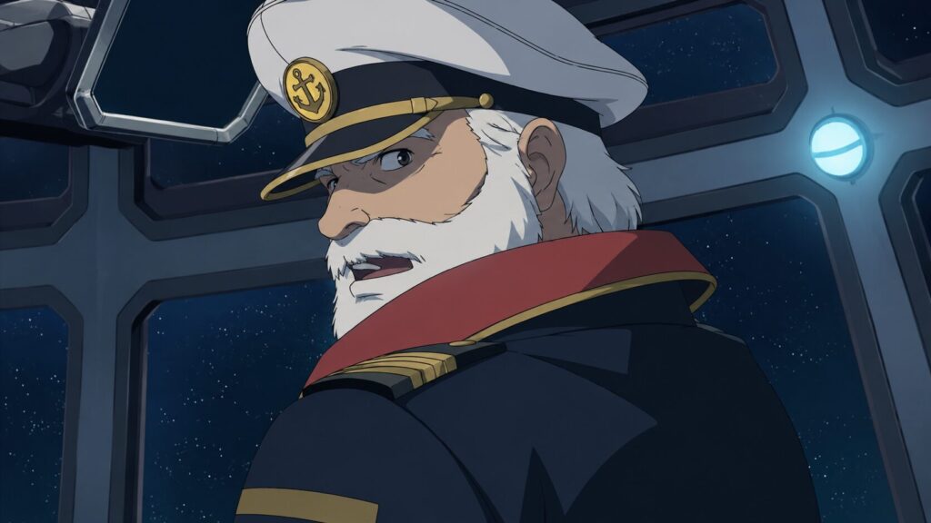 宇宙艦橋の窓辺で振り返る白髭の老提督を描いたアニメ風イラスト。背後には星空が広がり、厳しい表情で何かを語っている。