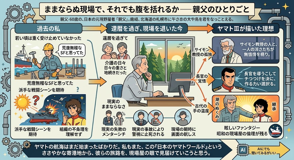 元現場監督の親父が『宇宙戦艦ヤマト』を題材に、自身の若い頃の価値観、退職後の生活、現実社会の厳しさ、そして作品に描かれた理想や継承について解説したインフォグラフィック。
