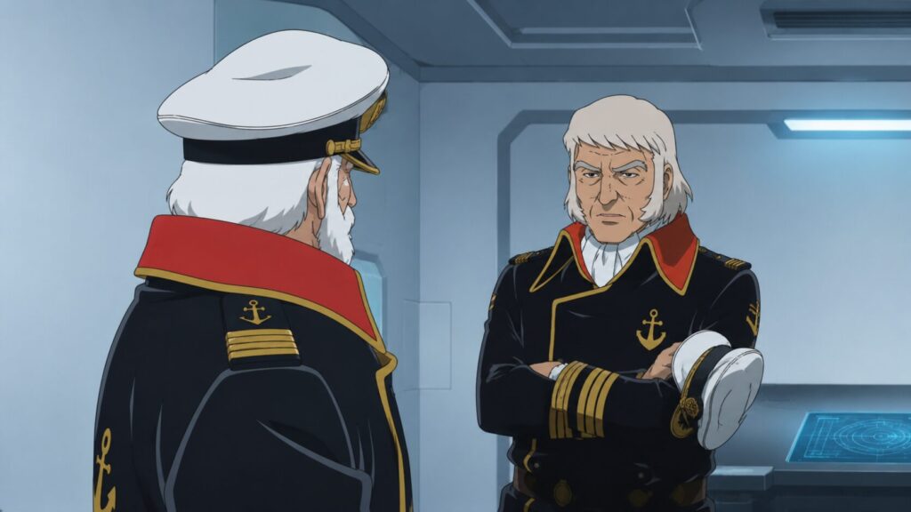 宇宙艦隊の艦内で、白髭の提督と年配の将官が向かい合って話し合うアニメ風イラスト。艦橋のモニターが背景に見える。