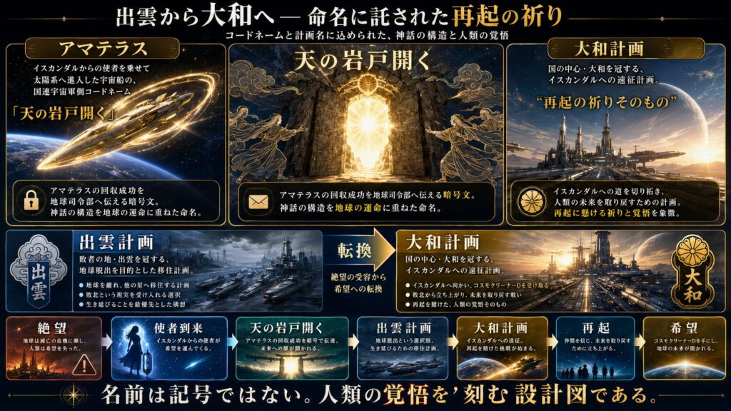 『宇宙戦艦ヤマト2199』におけるアマテラス、出雲計画、大和計画の名称と意味を解説したインフォグラフィック。神話の「天の岩戸開き」と重ねながら、人類の絶望から再起、そして希望への転換を図解している。