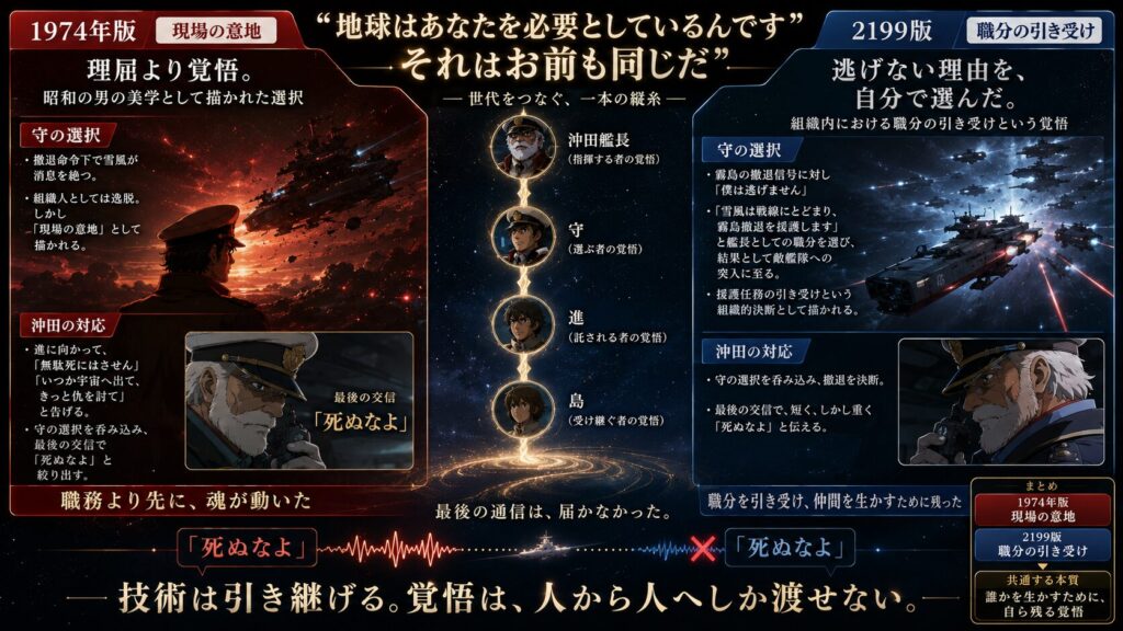『宇宙戦艦ヤマト』の1974年版と2199年版における守・進・島の選択と沖田艦長の言葉を比較したインフォグラフィック。現場の意地と職分の引き受けという異なる視点から、覚悟の継承と「死ぬなよ」の意味を解説している。