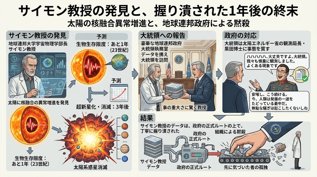 太陽の核融合異常増進を発見したサイモン教授が地球連邦政府へ報告するも、観測データが握り潰される過程を解説したインフォグラフィック。発見、予測、政府への報告、隠蔽、そして孤独な結末までが時系列で描かれている。