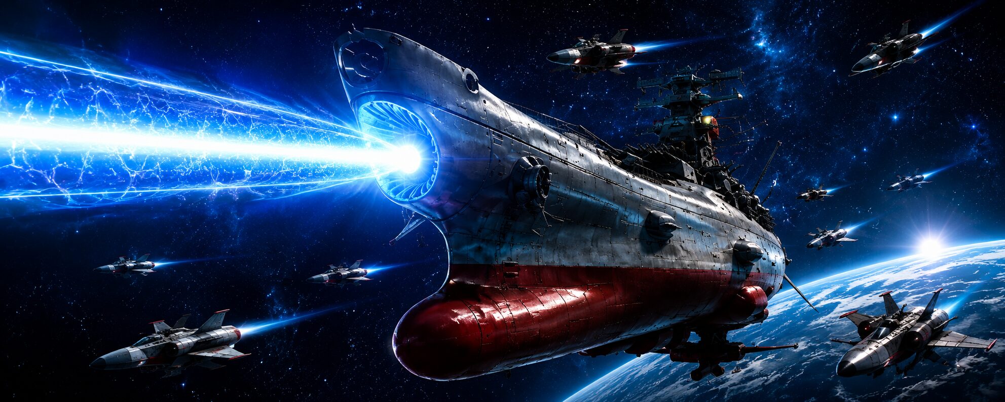宇宙戦艦ヤマトが波動砲を発射する迫力あるシーン。艦首から青白いエネルギービームが放たれ、周囲を護衛する戦闘機群と地球が背景に広がる宇宙戦闘イメージ。