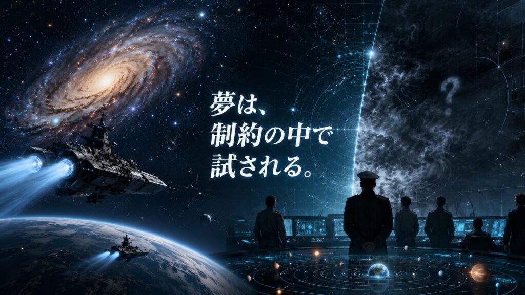 銀河を背景に宇宙戦艦が航行し、司令室では士官たちが未知の現象を見つめるSFビジュアル。「夢は、制約の中で試される。」というメッセージが描かれている。