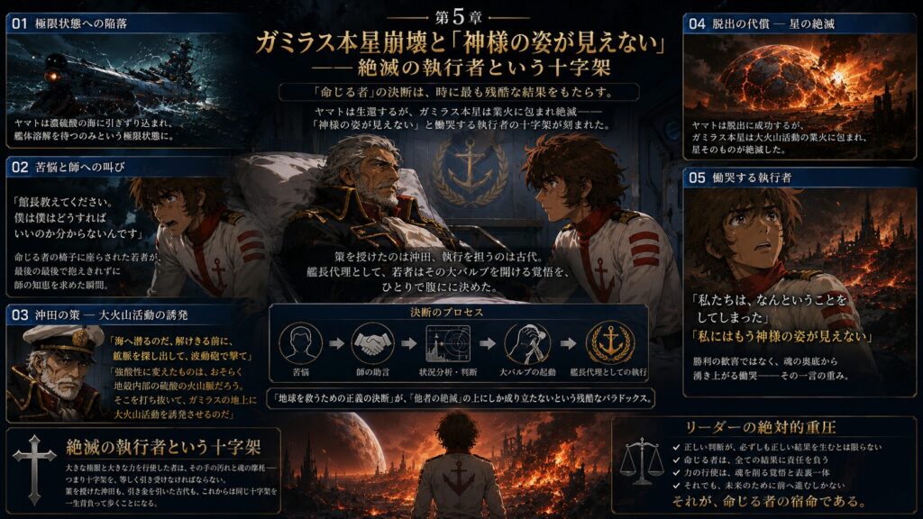 ガミラス本星崩壊の決断を下した古代進が、その結果として星の絶滅と向き合い、「神様の姿が見えない」と慟哭するまでの葛藤と責任を描いたインフォグラフィック。