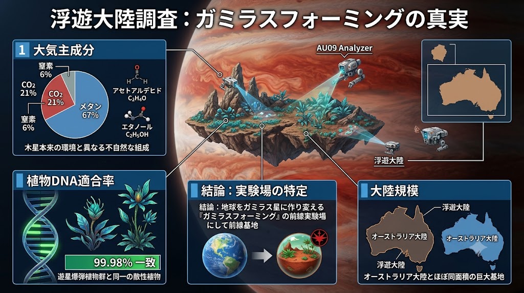 ガニメラスフォーミング調査をテーマに、浮遊大陸の大気成分、植物DNA適合率、大陸規模、実験場としての結論を図解したSF調査インフォグラフィック。