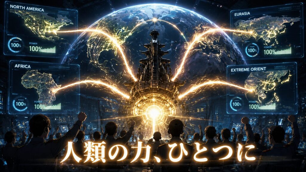 地球規模のエネルギーネットワークが世界各地を結び、人類が一体となって未来へ進む様子を描いたSFイメージ。