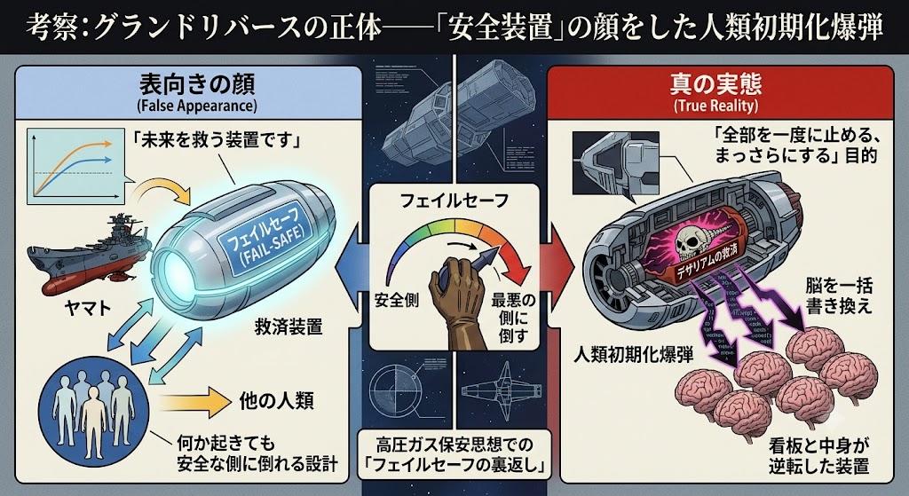 『ヤマトよ永遠に REBEL3199』第六章の考察インフォグラフィック。グランドリバースの正体を「安全装置の顔をした人類初期化爆弾」として考察し、表向きの救済装置と実際の目的を対比して解説している。