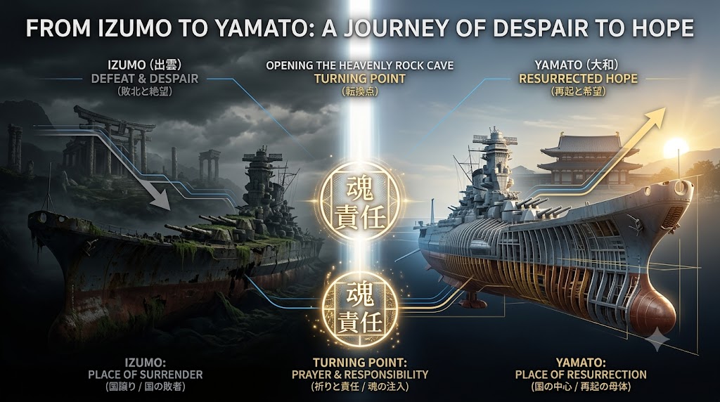 出雲から大和への象徴的な変遷を描いた図解。左側に荒廃した出雲、右側に再生した大和を配置し、「敗北と絶望」から「再起と希望」への転換を視覚的に表現している。