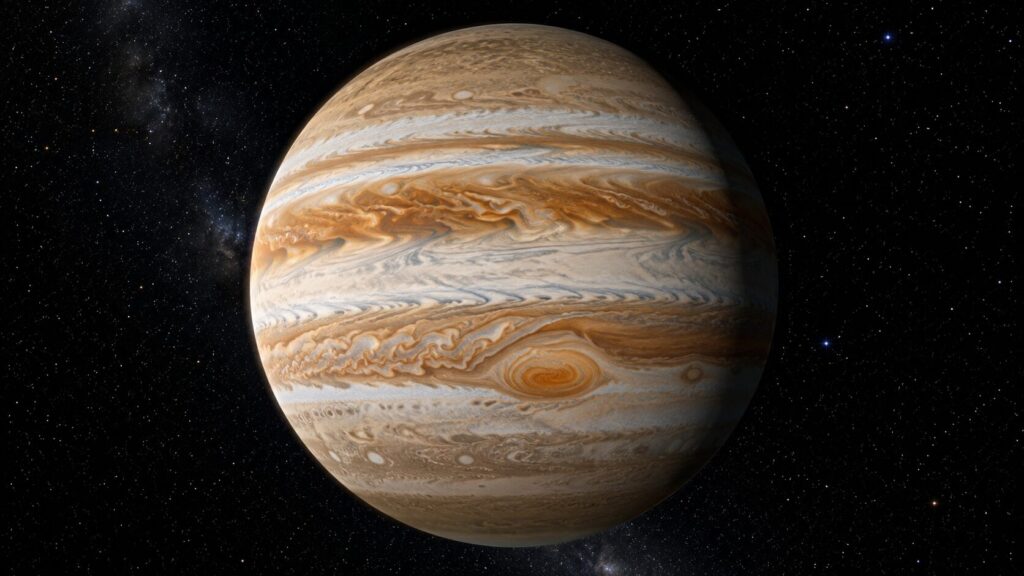 星々が広がる宇宙空間に、縞模様と大赤斑が見える巨大な木星が浮かんでいる天体ビジュアル。
