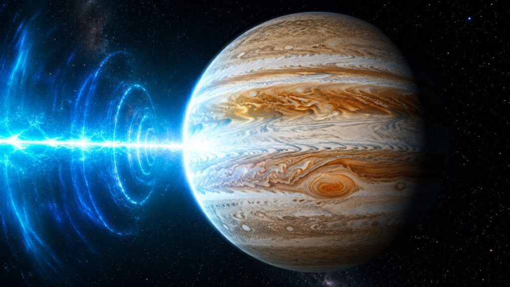 宇宙空間に浮かぶ木星へ、左側から青白い強力なエネルギービームが直撃し、光の波紋が広がっているSFビジュアル。