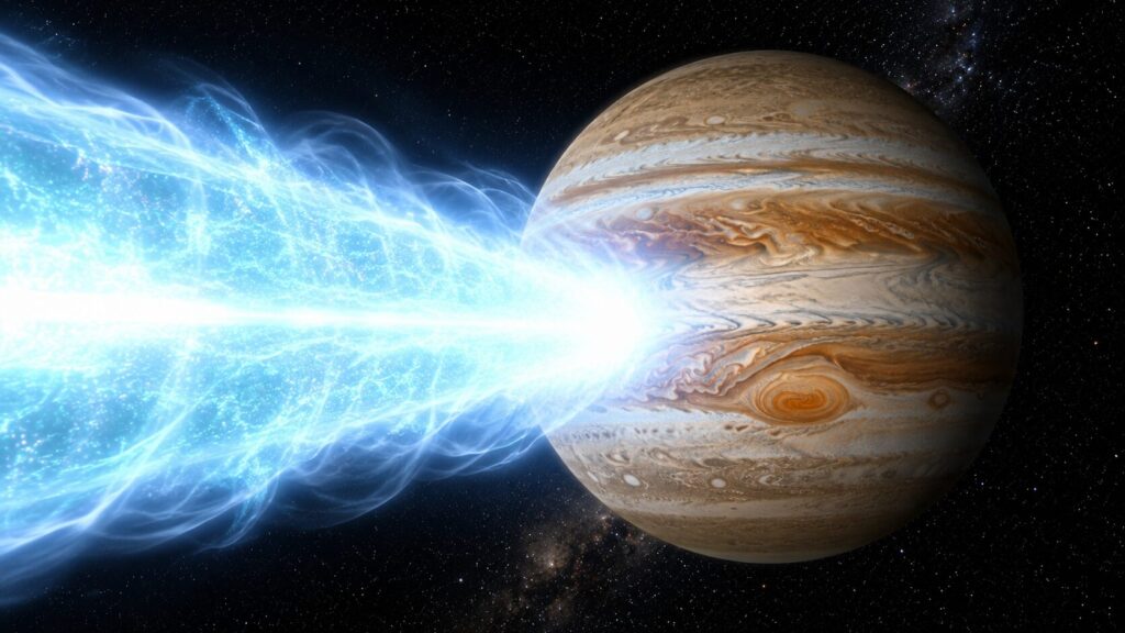 星空を背景に、木星へ青白い強力なエネルギービームが衝突しているSF風の宇宙画像