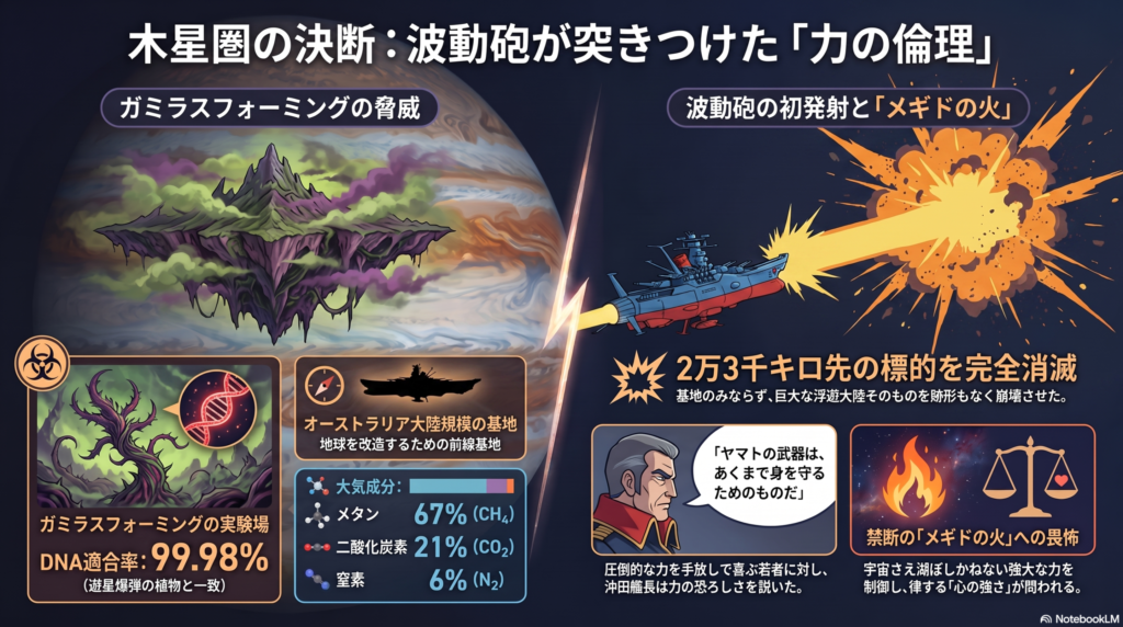 木星を背景に、ガミラスフォーミングの脅威と波動砲の初発射を対比し、力の倫理を問うSF解説インフォグラフィック。
