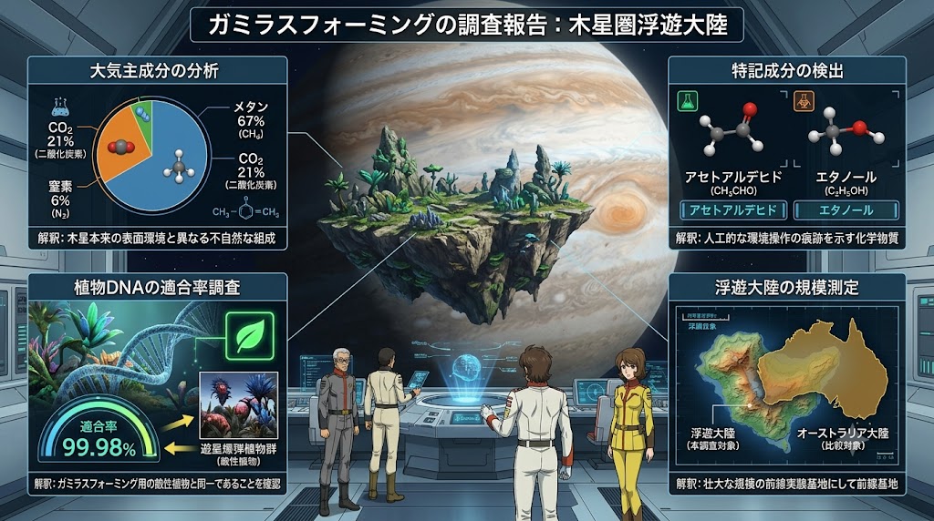 木星を背景に浮遊大陸を調査し、大気成分、植物DNA適合率、特記成分、規模比較を示したガミラスフォーミング報告図。